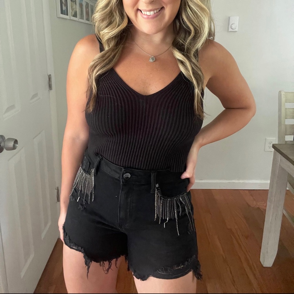 Rockin’ Rhinestones High Rise Distressed Denim Risen Shorts